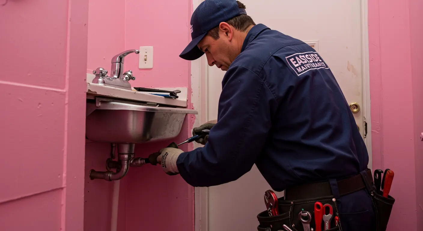 Plumber From Eastside Maintenance Working On A Sink Converted