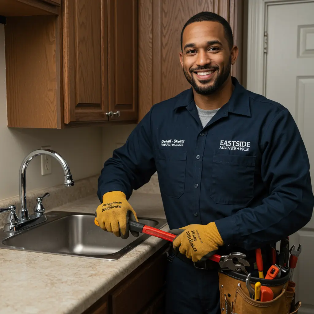 Plumber Smiling Happily At Eastside Maintenance Job Converted