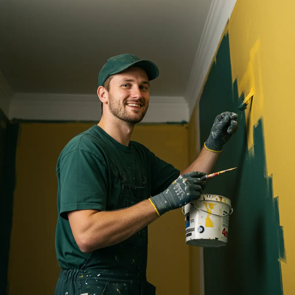 Skilled painter painting a wall green and yellow